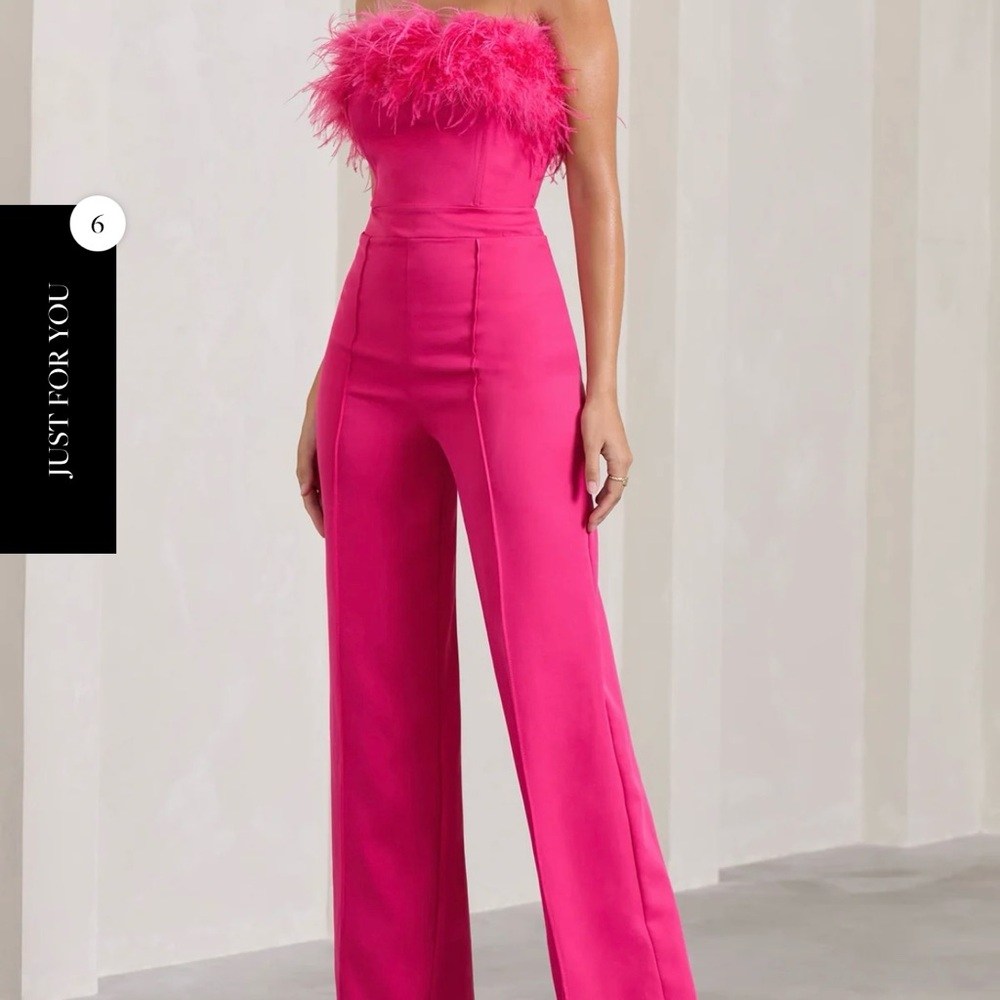 CLUB L FIRST CLASS HOT PINK BANDEAU FEATHER WIDE LEG JUMPSUIT SIZE US 6/UK 10